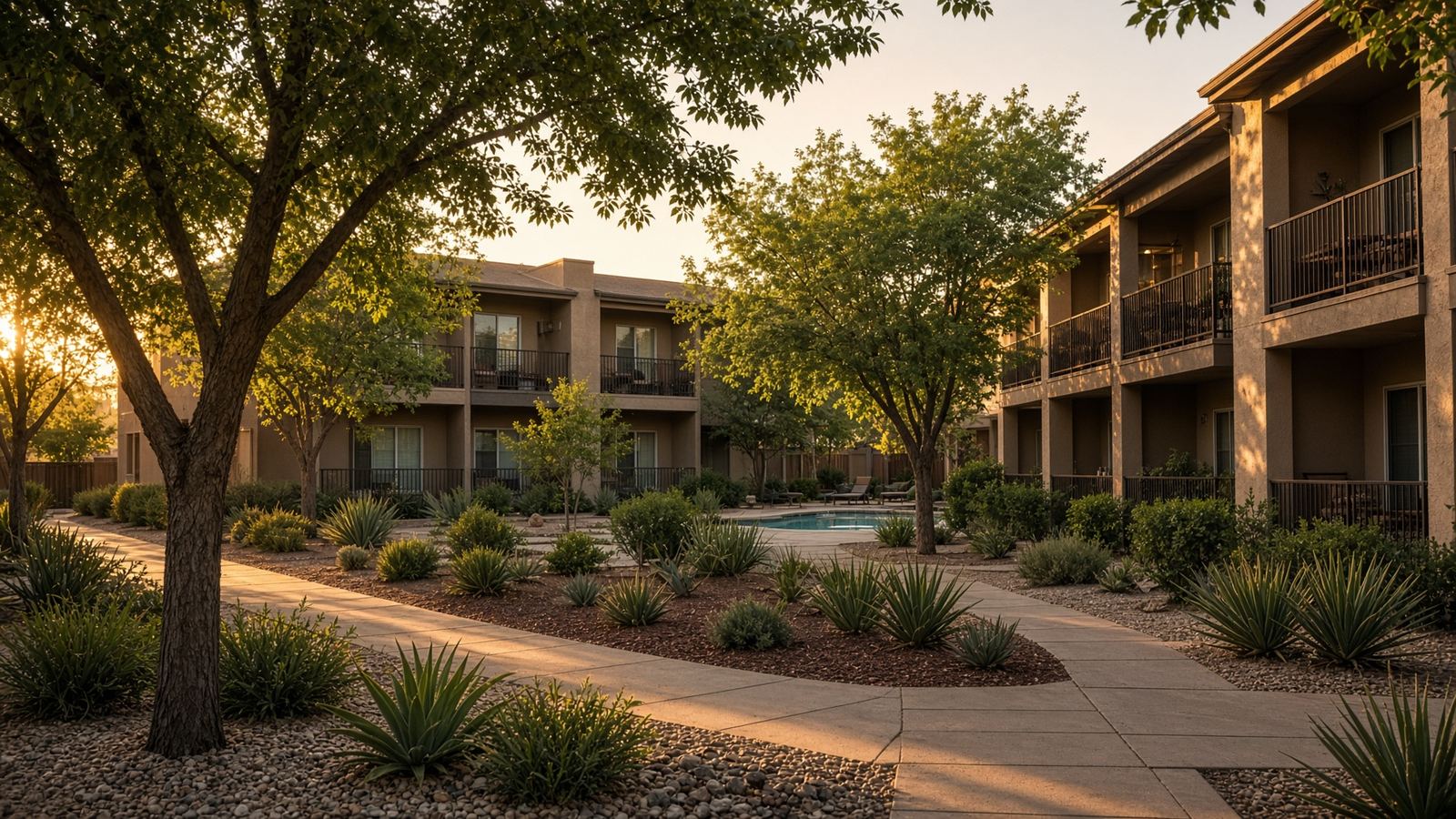 A landscaped apartment courtyard in late afternoon light