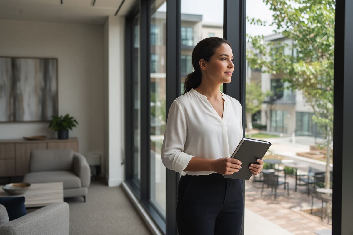 A community manager looking out over the apartment courtyard